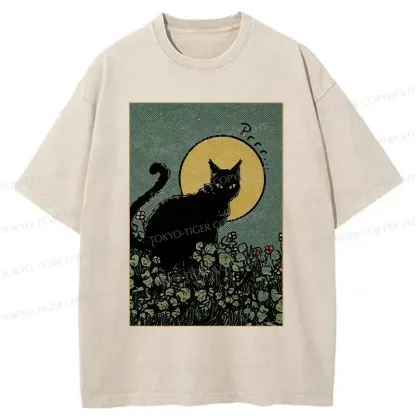 Tokyo-Tiger Black Cat At Night Washed T-Shirt