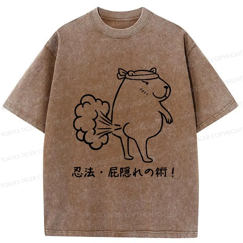Tokyo-Tiger Funny Ninjutsu: Fart Hiding Technique Washed T-Shirt