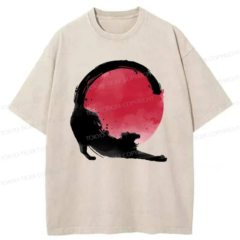 Tokyo-Tiger Black Cat Stretching Washed T-Shirt