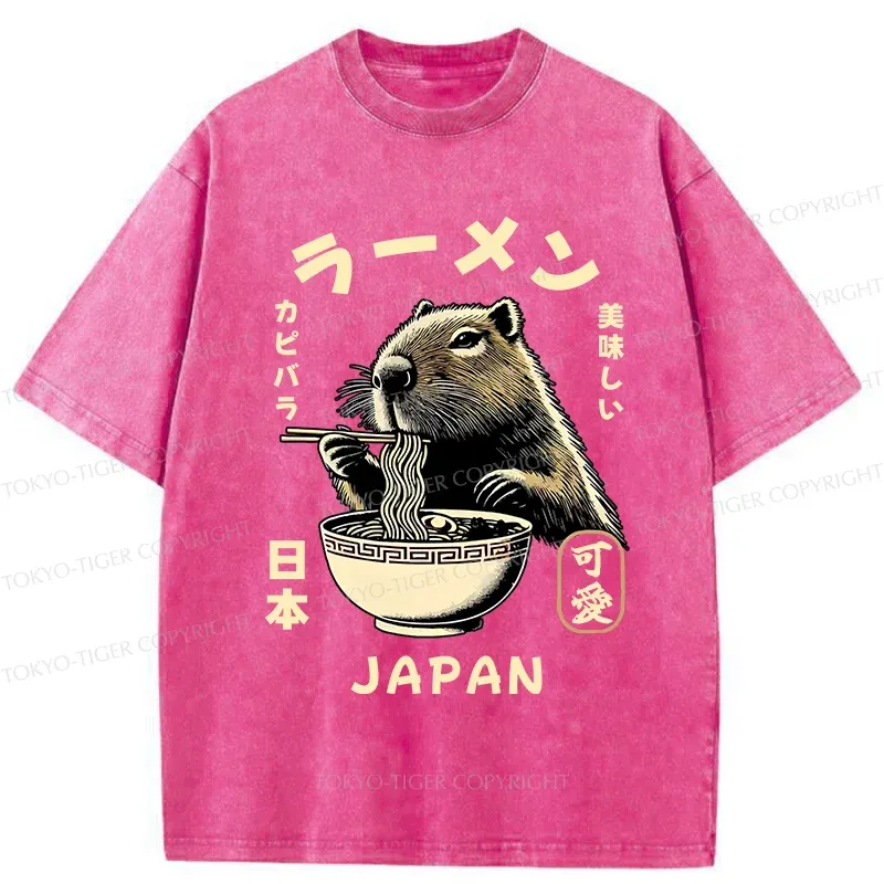 Tokyo-Tiger Retro Capybara Eating Ramen Washed T-Shirt