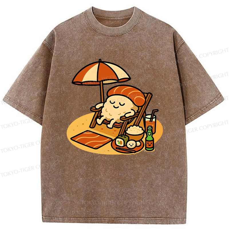Tokyo-Tiger Funny Sushi Enjoying Sunbathing Washed T-Shirt