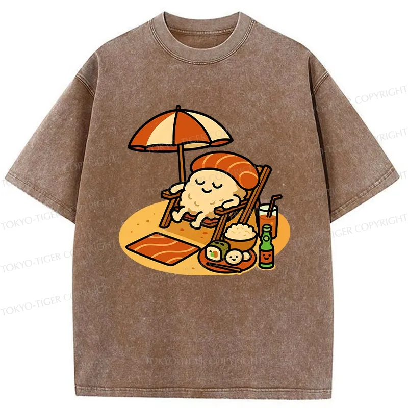 Tokyo-Tiger Funny Sushi Enjoying Sunbathing Washed T-Shirt