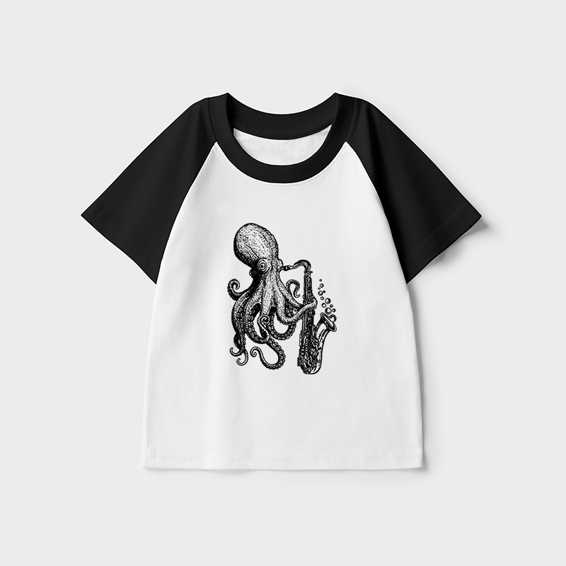 Tokyo-Tiger Octopus Playing Saxophone Kids Raglan T-shirt