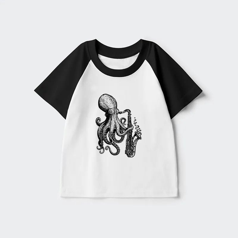 Tokyo-Tiger Octopus Playing Saxophone Kids Raglan T-shirt