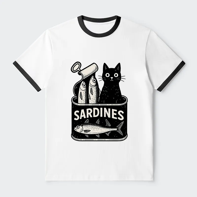 Tokyo-Tiger Cat And Canned Fish Contrast Trim T-Shirt