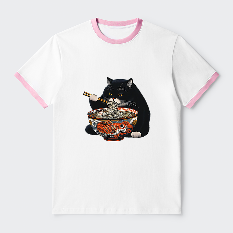 Tokyo-Tiger Fat Cat Eating Ramen Contrast Trim T-Shirt