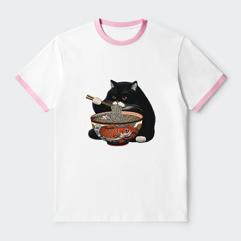 Tokyo-Tiger Fat Cat Eating Ramen Contrast Trim T-Shirt