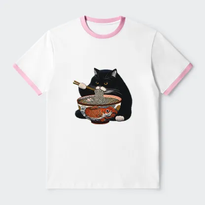 Tokyo-Tiger Fat Cat Eating Ramen Contrast Trim T-Shirt