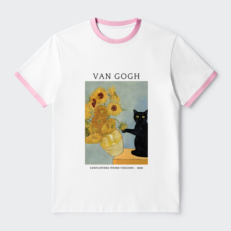 Tokyo-Tiger Black Cat With Sunflowers Contrast Trim T-Shirt