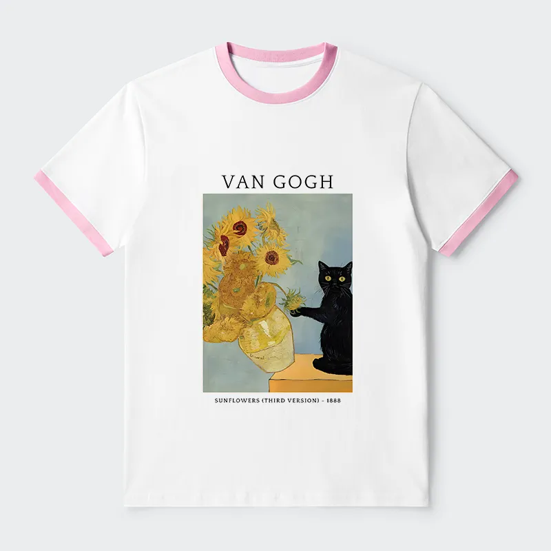 Tokyo-Tiger Black Cat With Sunflowers Contrast Trim T-Shirt