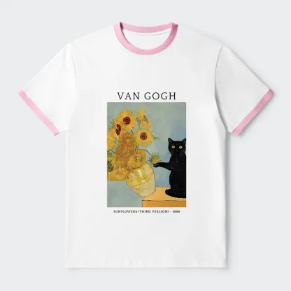 Tokyo-Tiger Black Cat With Sunflowers Contrast Trim T-Shirt