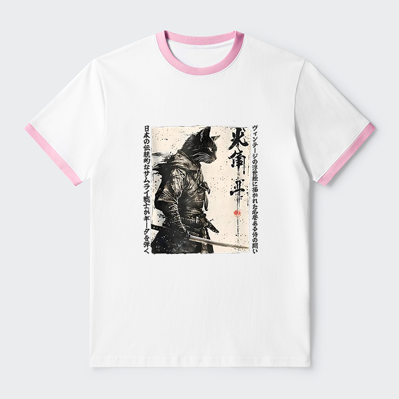 Tokyo-Tiger Cat Samurai Retro Contrast Trim T-Shirt