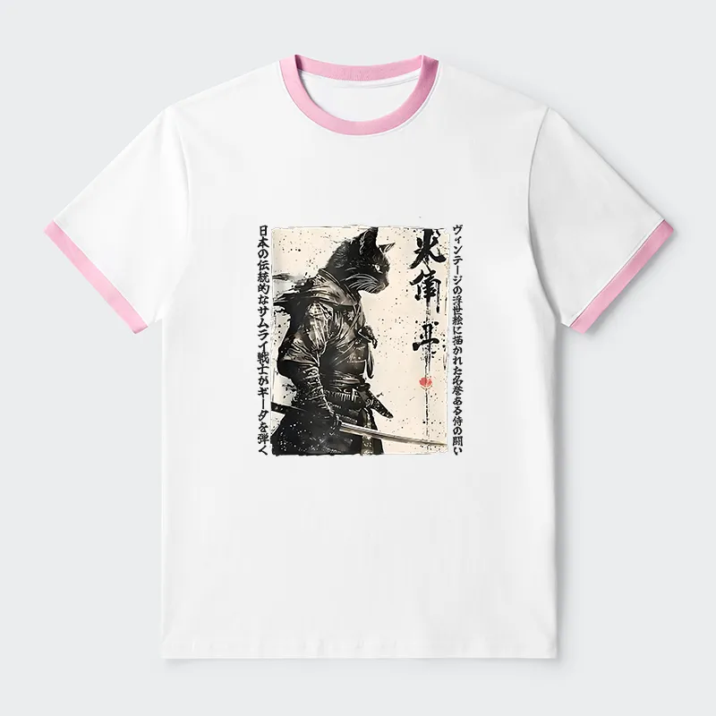 Tokyo-Tiger Cat Samurai Retro Contrast Trim T-Shirt