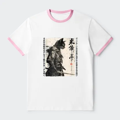Tokyo-Tiger Cat Samurai Retro Contrast Trim T-Shirt