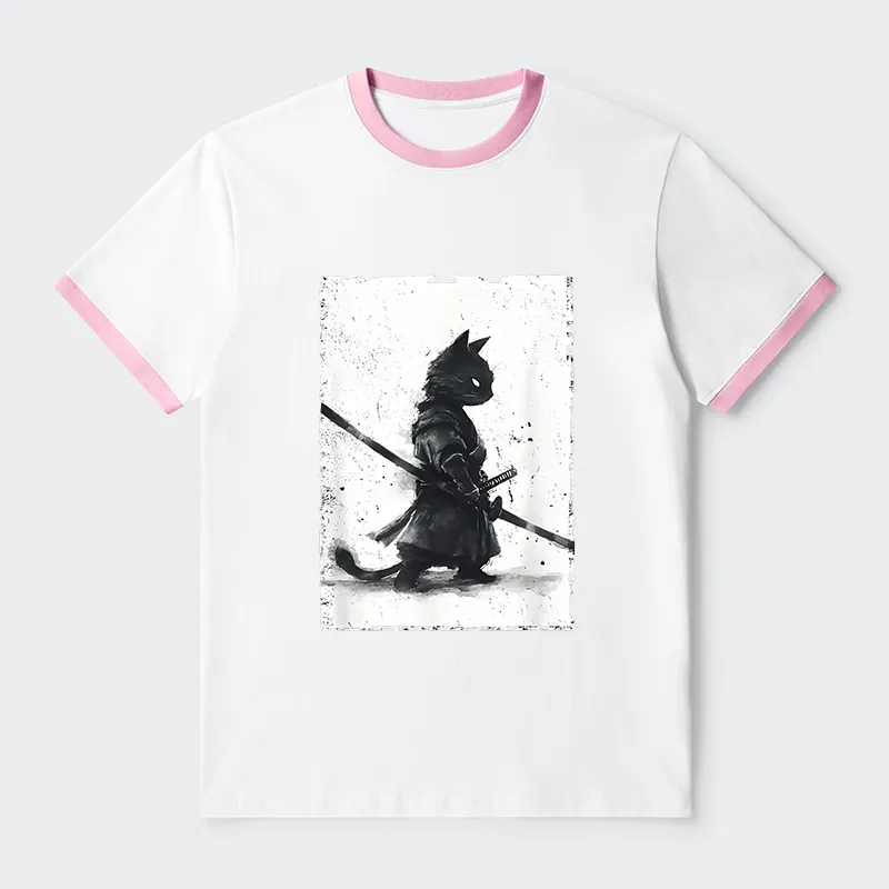 Tokyo-Tiger Retro Cat Samurai Japanese Contrast Trim T-Shirt