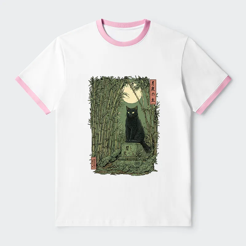 Tokyo-Tiger Black Cat In The Bamboo Forest Contrast Trim T-Shirt