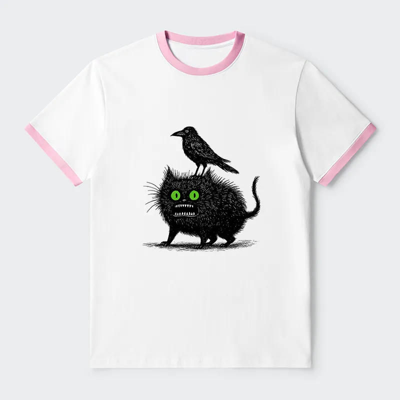 Tokyo-Tiger Crow And Black Cat Contrast Trim T-Shirt