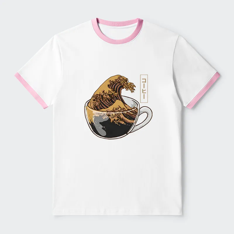 Tokyo-Tiger Coffee Wave Contrast Trim T-Shirt