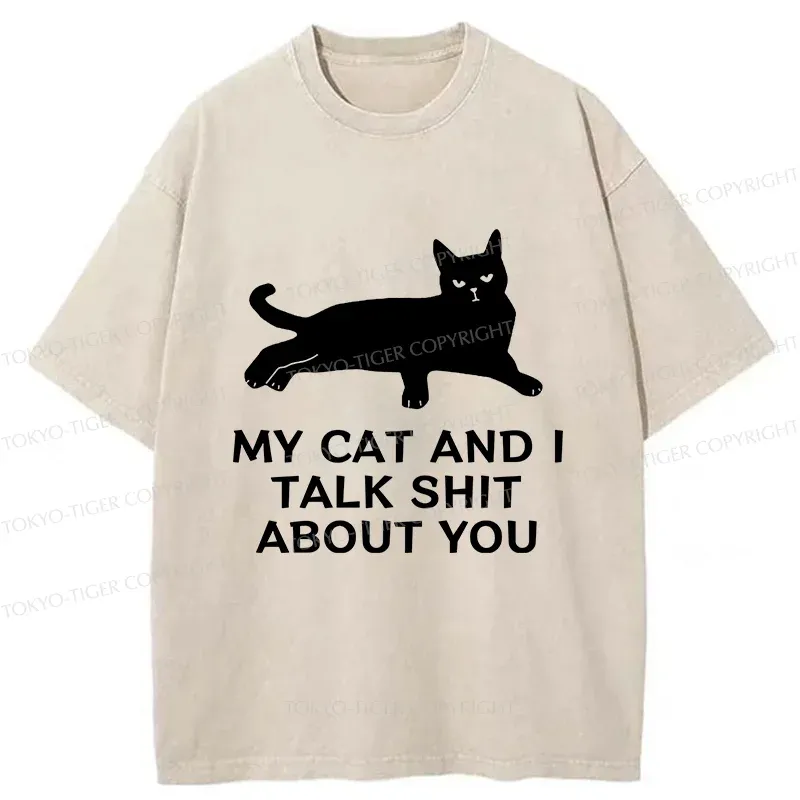 Tokyo-Tiger Gossiping Black Cat Washed T-Shirt