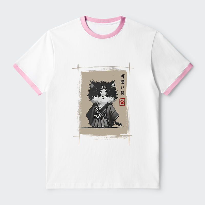 Tokyo-Tiger Kitten Samurai Contrast Trim T-Shirt