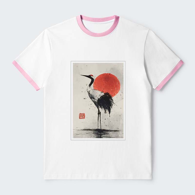Tokyo-Tiger Retro Japanese Red-crowned Crane Contrast Trim T-Shirt