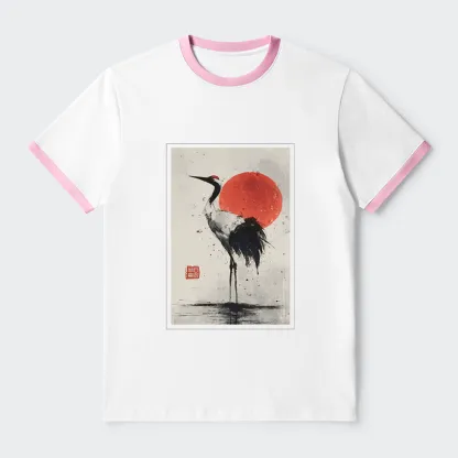 Tokyo-Tiger Retro Japanese Red-crowned Crane Contrast Trim T-Shirt