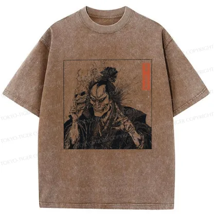 Tokyo-Tiger Samurai Taking Off His Demon Mask Washed T-Shirt