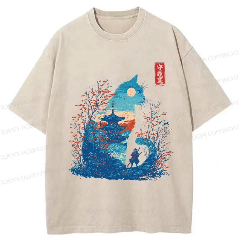 Tokyo-Tiger Cat Guardian Silhouette Washed T-Shirt