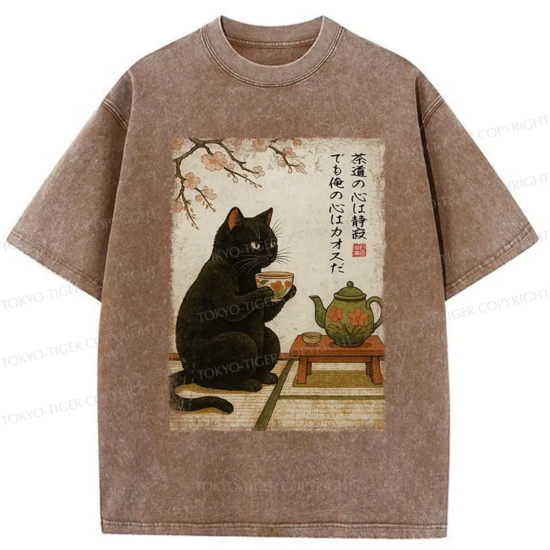 Tokyo-Tiger Tea Time With A Black Cat Washed T-Shirt