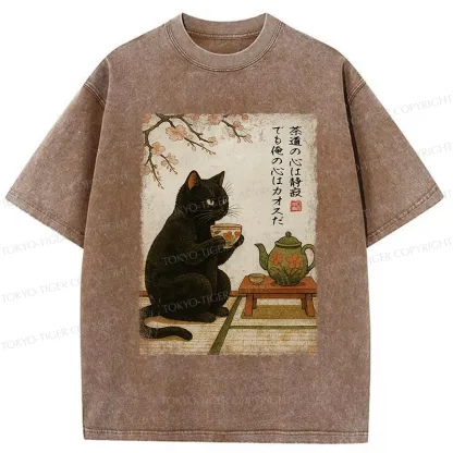 Tokyo-Tiger Tea Time With A Black Cat Washed T-Shirt