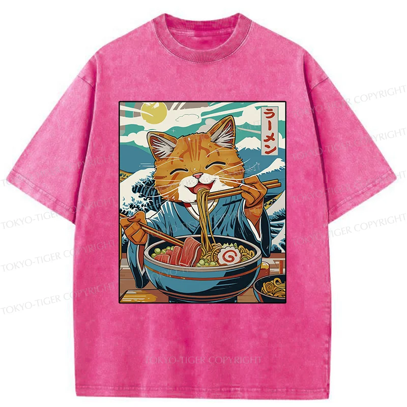 Tokyo-Tiger Orange Cat Eating Ramen Washed T-Shirt