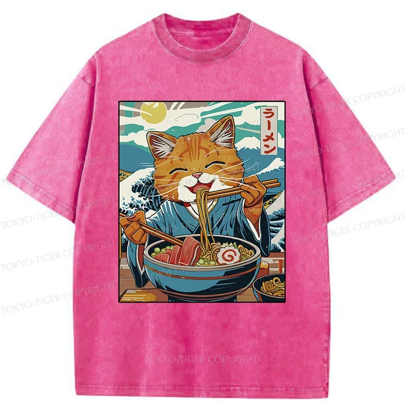 Tokyo-Tiger Orange Cat Eating Ramen Washed T-Shirt