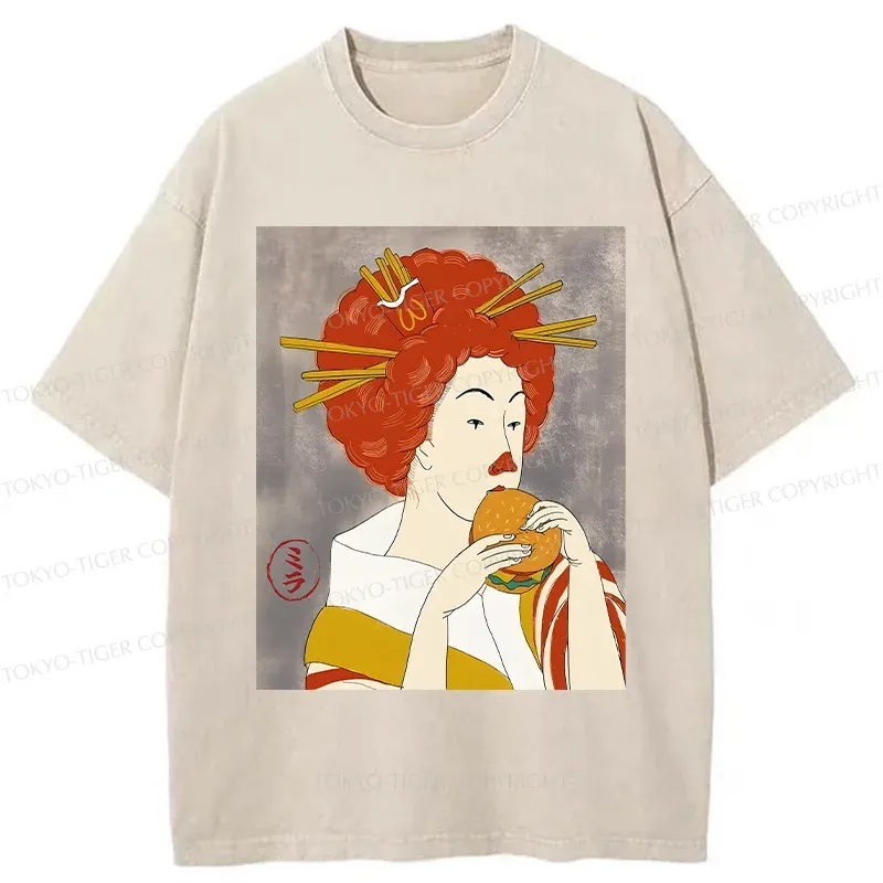 Tokyo-Tiger Japanese Eating Hamburger Washed T-Shirt