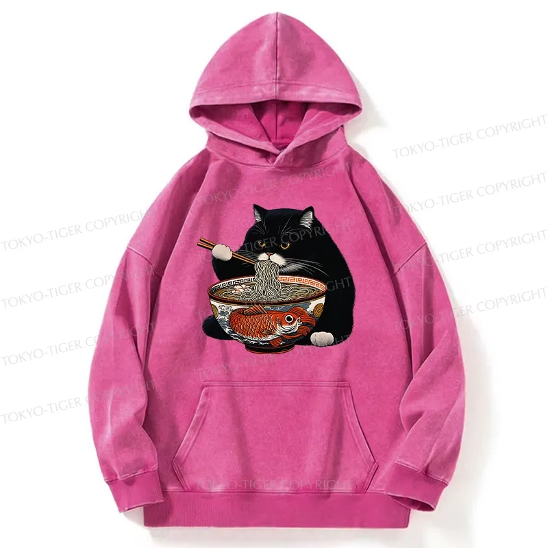 Tokyo-Tiger Fat Cat Eating Ramen Washed Hoodie