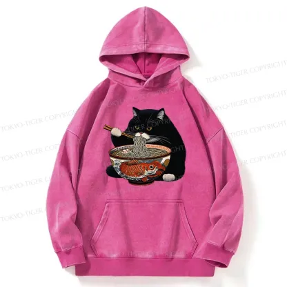 Tokyo-Tiger Fat Cat Eating Ramen Washed Hoodie