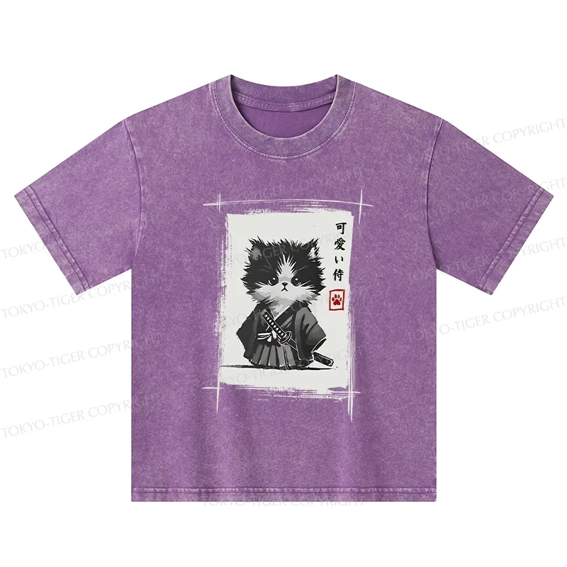 Tokyo-Tiger Kitten Samurai Kids Washed T-Shirt