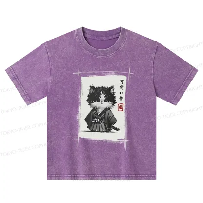 Tokyo-Tiger Kitten Samurai Kids Washed T-Shirt