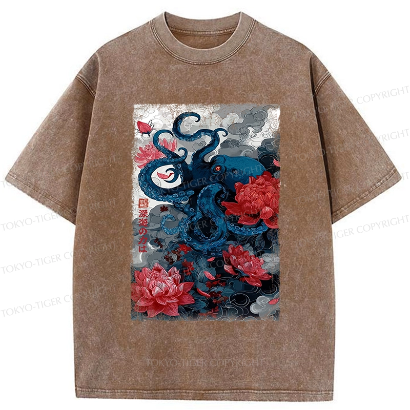 Tokyo-Tiger Deep Sea Retro Octopus Washed T-Shirt