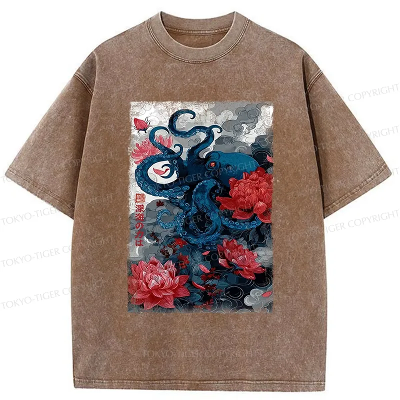 Tokyo-Tiger Deep Sea Retro Octopus Washed T-Shirt