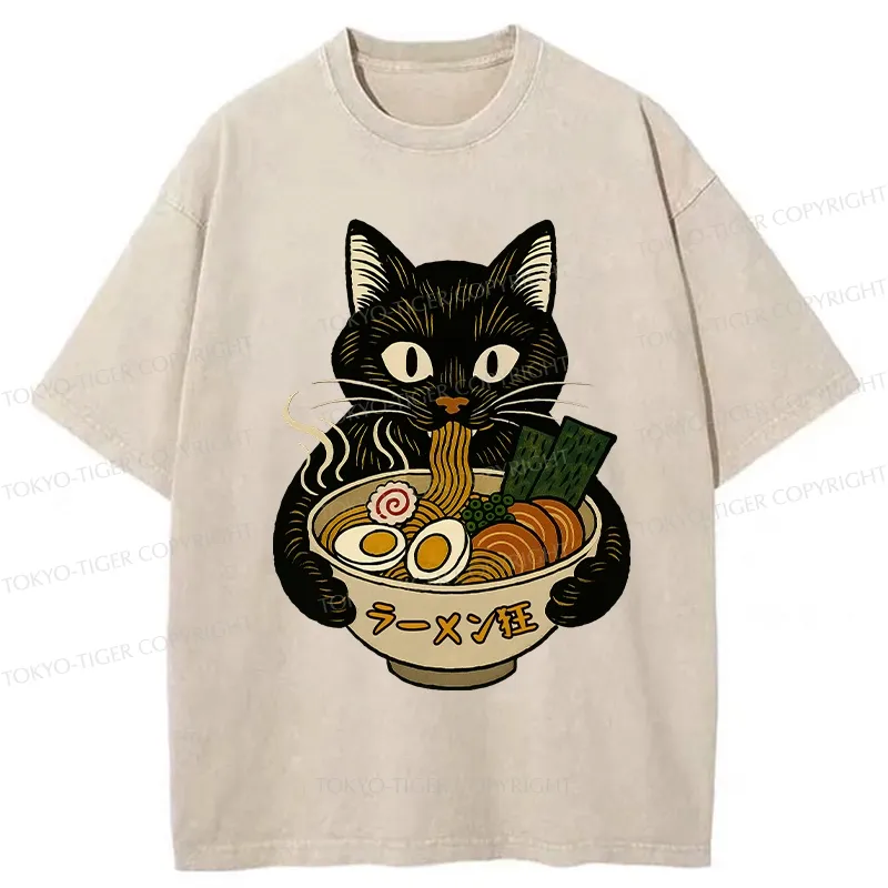 Tokyo-Tiger Ramen Fanatic Cat Washed T-Shirt