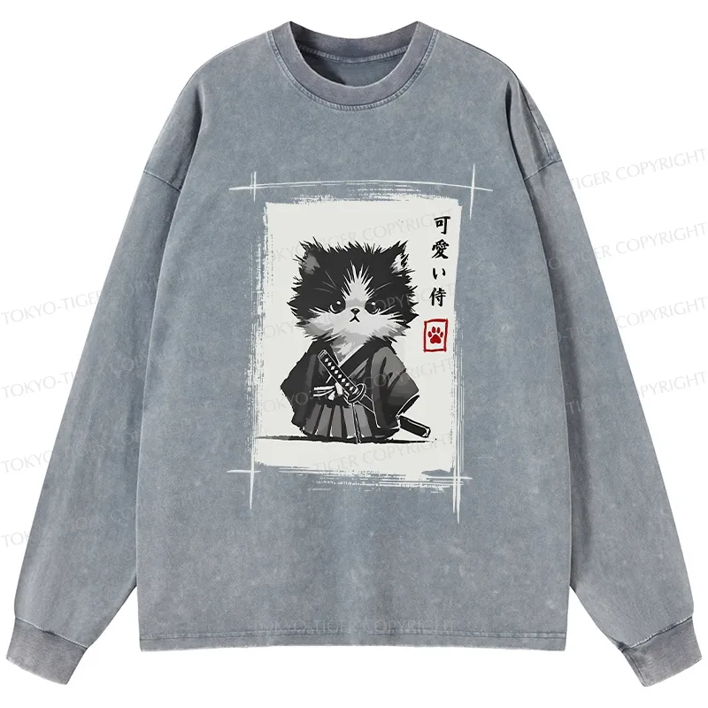 Tokyo-Tiger Kitten Samurai Washed Long Sleeve T-Shirt