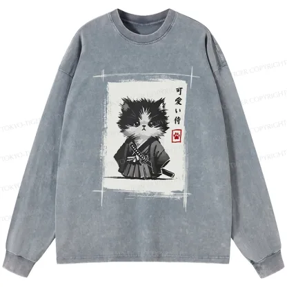 Tokyo-Tiger Kitten Samurai Washed Long Sleeve T-Shirt