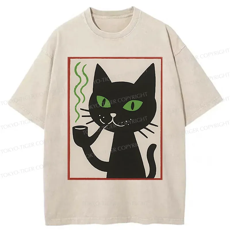 Tokyo-Tiger Black Cat Smoking Washed T-Shirt