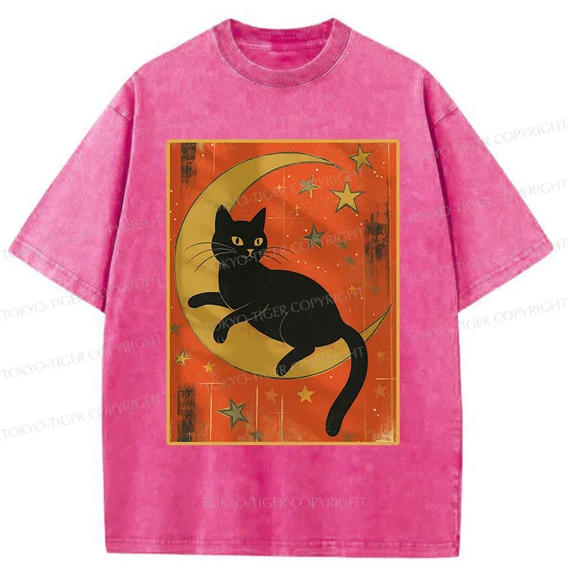 Tokyo-Tiger Black Cat On The Moon Washed T-Shirt