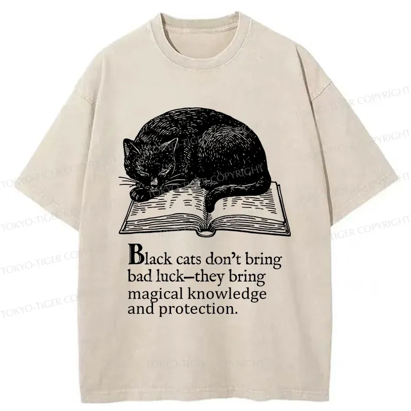 Tokyo-Tiger Black Cat Sleeping On A Book Washed T-Shirt