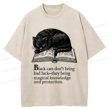 Tokyo-Tiger Black Cat Sleeping On A Book Washed T-Shirt