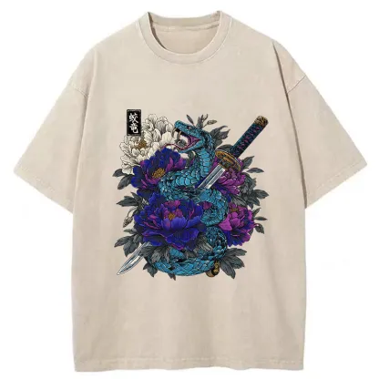 Tokyo-Tiger Snake Katana Japanese Washed T-Shirt