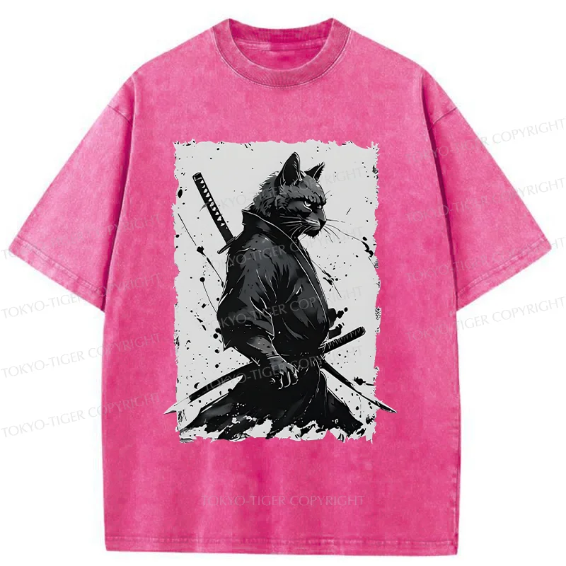 Tokyo-Tiger Handsome Samurai Cat Washed T-Shirt