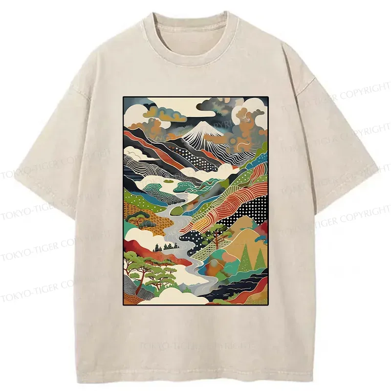 Tokyo-Tiger Japanese Mountain Scenery Washed T-Shirt