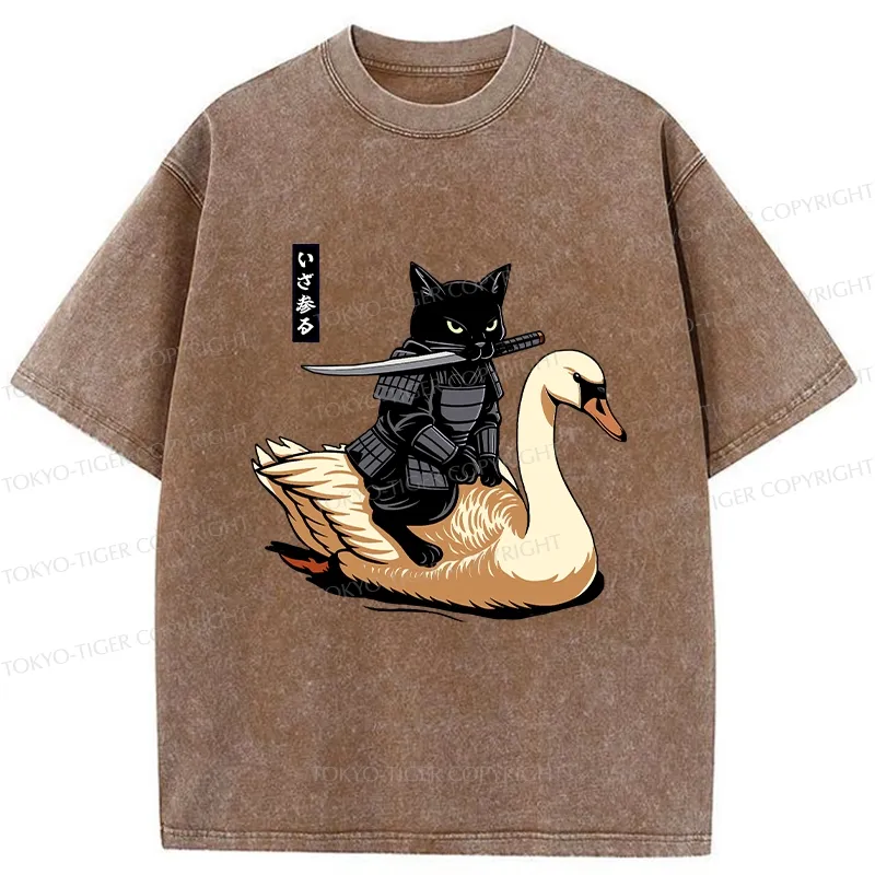 Tokyo-Tiger Black Cat Samurai Riding A Goose Washed T-Shirt